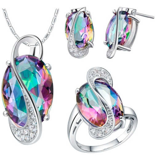 925 sterling silver Platinum plated jewelry Set Wedding Love Oval Sapphire Stone CZ Zircon Ring Necklace Earring SET with box