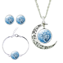 Fine Romantic Sterling Silver Jewelry Sets White Blue Tree Picture Glass Moon Pendant Necklace Stud