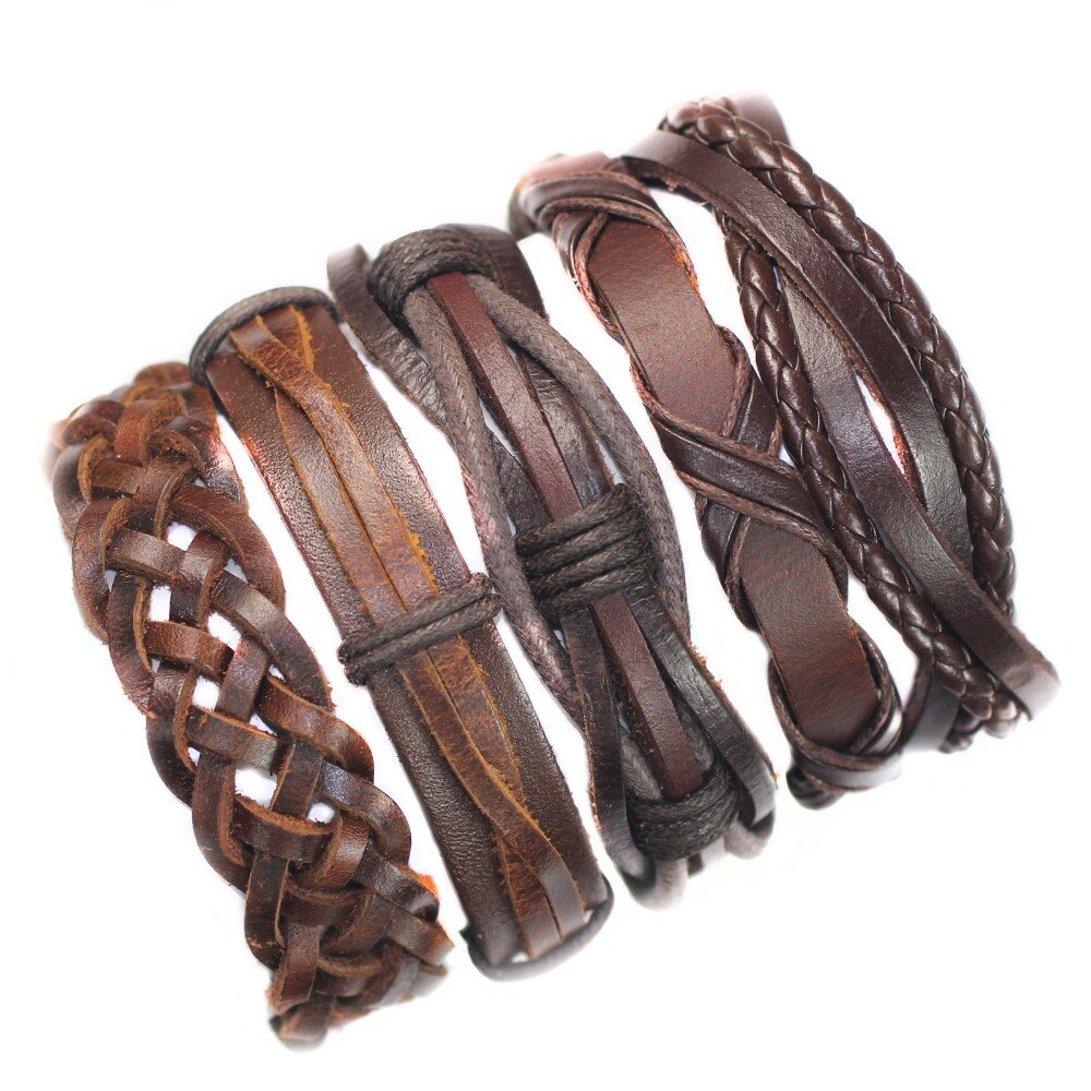Brown Mens Handmade Charms Ethnic Genuine Leather Bracelets 5Pcs