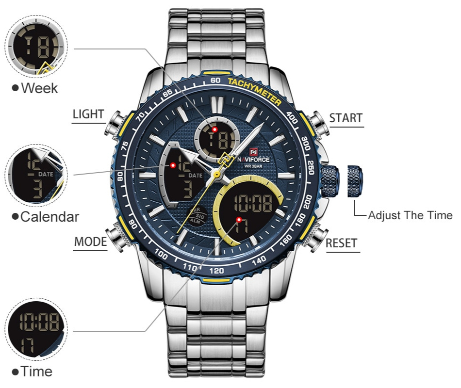 Chronograph Quartz Men Wristwatch Stainless Steel 