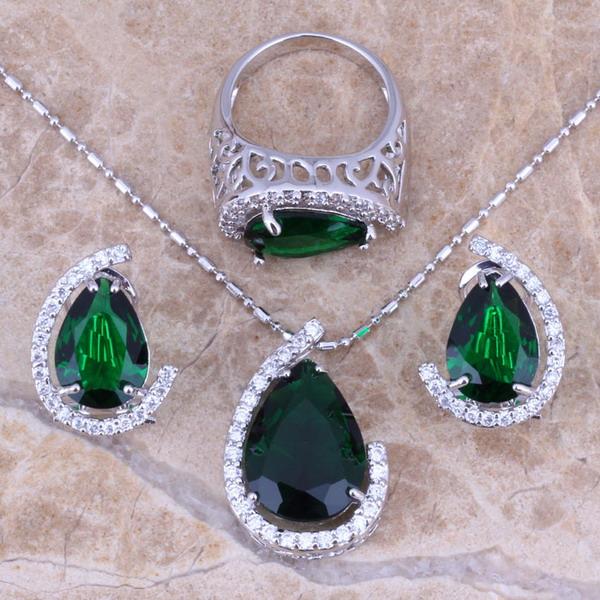Women Green Emerald Set Silver Jewelry