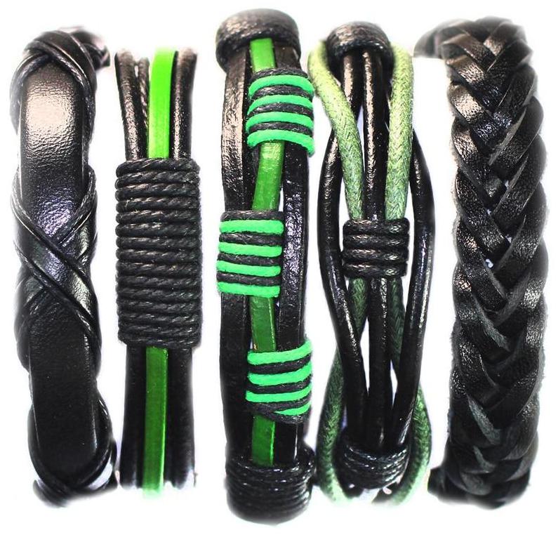 Green Black Handmade braided Leather Bracelets 5Pcs